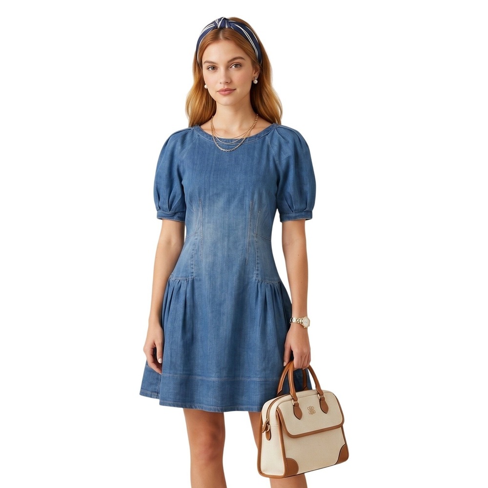 HABITUAL Girl Denim Puff Sleeve Fit and Flare Dress Blue Size 16 Preppy Cottage - Picture 1 of 6
